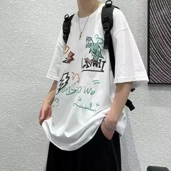 Футболка с коротким рукавом, мужская модная брендовая летняя свободная футболка с коротким рукавом 2024 года, новинка от знаменитостей из интернета, мода, простой принтованный топ M белый