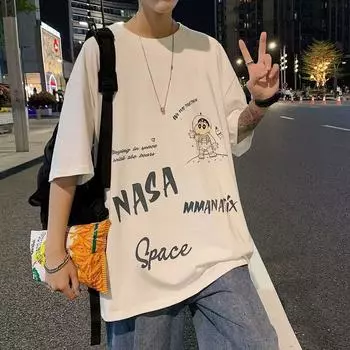 Футболка с коротким рукавом, мужская модная брендовая летняя свободная футболка с коротким рукавом 2024 года, новинка от знаменитостей из интернета, мода, простой принтованный топ M белый