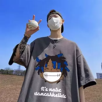 Футболка с коротким рукавом мужская модная брендовая летняя свободная с рукавом пять четвертей модная в стиле минимализма с принтом S чёрный