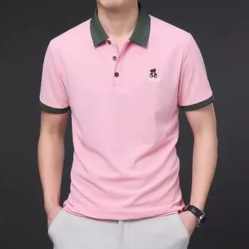 Футболка с коротким рукавом, мужская, с вышитым медведем, деловая, повседневная, мужская, с лацканами, с коротким рукавом, топ M розовый