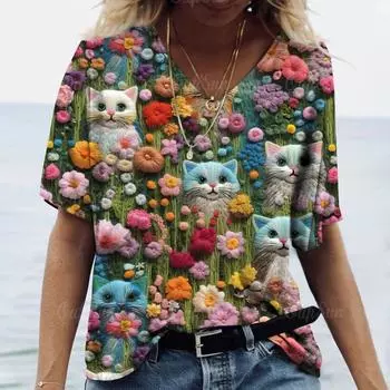 Футболка с коротким рукавом с 3D котом, новинка 2024 года, женская футболка с v-образным вырезом, пуловер с забавным узором, винтажная модная футболка для женщин, топы 2XL