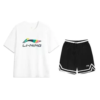 Футболка с коротким рукавом с большим логотипом Li Ning, специальная для соревнований, шорты миди с пятью точками, повседневный спортивный костюм, унисекс, спортивная одежда AHSVD61-1+YAPV001-1 S