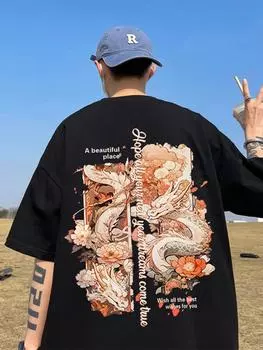 Футболка с коротким рукавом с принтом «Год Дракона, год Хонмэй», мужская летняя, с принтом «Национальный прилив», свободная модель XXS