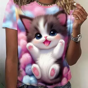 Футболка с коротким рукавом с ярким принтом кота, повседневная, весна, лето, осень, модная для женщин S