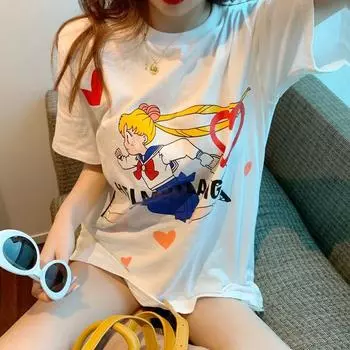 Футболка с коротким рукавом Sailor Moon, летняя, свободного кроя, оверсайз White (1319) L