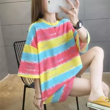 Футболка с коротким рукавом в полоску и контрастным принтом для девочек, лето 2025 г. Double Extra Large