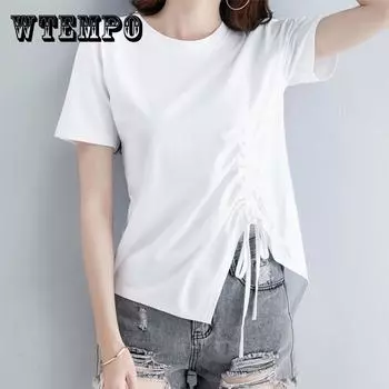 Футболка с коротким рукавом, женская летняя большая женская свободная корейская версия, черная футболка с завязками нерегулярной формы XXXXXL белый