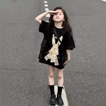 Футболка с короткими рукавами для девочек, юбка, свободный топ, детский летний хлопковый топ с короткими рукавами 120 чёрный