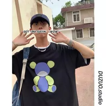 Футболка с короткими рукавами для мужчин 2024 года, модная, с рукавом пять дюймов, универсальная, повседневная, свободная, студенческая, с короткими рукавами, повседневная, модная, с принтом M чёрный