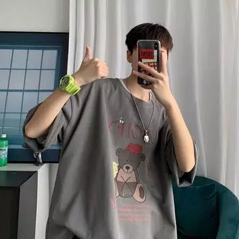 Футболка с короткими рукавами для мужчин 2024 года, модная, с рукавом пять дюймов, универсальная, повседневная, свободная, студенческая, с короткими рукавами, повседневная, модная, с принтом M чёрный