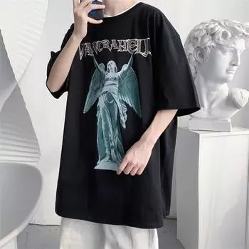 Футболка с короткими рукавами для мужчин 2024 года, модная, с рукавом пять дюймов, универсальная, повседневная, свободная, студенческая, с короткими рукавами, повседневная, модная, с принтом M чёрный