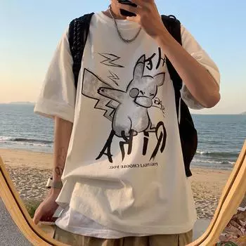 Футболка с короткими рукавами для мужчин 2024 года, модная, с рукавом пять дюймов, универсальная, повседневная, свободная, студенческая, с короткими рукавами, повседневная, модная, с принтом M белый