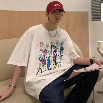 Футболка с короткими рукавами для мужчин 2024 года, модная, с рукавом пять дюймов, универсальная, повседневная, свободная, студенческая, с короткими рукавами, повседневная, модная, с принтом M чёрный