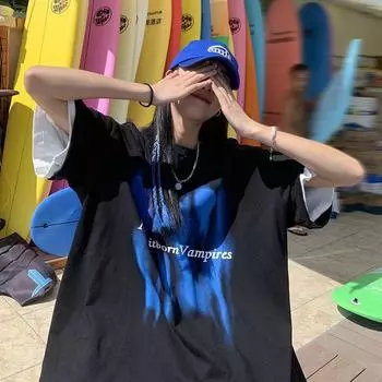 Футболка с короткими рукавами для мужчин 2024 года, модная, с рукавом пять дюймов, универсальная, повседневная, свободная, студенческая, с короткими рукавами, повседневная, модная, с принтом M чёрный