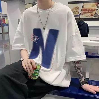 Футболка с короткими рукавами для мужчин 2024 года, модная, с рукавом пять дюймов, универсальная, повседневная, свободная, студенческая, с короткими рукавами, повседневная, модная, с принтом M белый