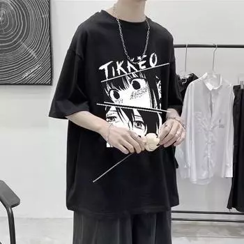 Футболка с короткими рукавами для мужчин 2024 года, модная, с рукавом пять дюймов, универсальная, повседневная, свободная, студенческая, с короткими рукавами, повседневная, модная, с принтом M чёрный