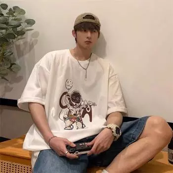 Футболка с короткими рукавами для мужчин 2024 года, модная, с рукавом пять дюймов, универсальная, повседневная, свободная, студенческая, с короткими рукавами, повседневная, модная, с принтом M белый