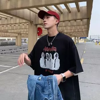 Футболка с короткими рукавами для мужчин 2024 года, модная, с рукавом пять дюймов, универсальная, повседневная, свободная, студенческая, с короткими рукавами, повседневная, модная, с принтом M чёрный