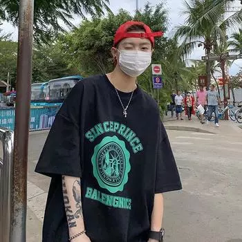 Футболка с короткими рукавами для мужчин 2024 года, модная, с рукавом пять дюймов, универсальная, повседневная, свободная, студенческая, с короткими рукавами, повседневная, модная, с принтом M чёрный