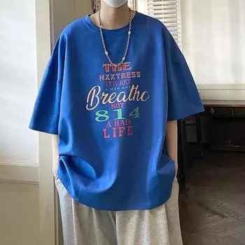 Футболка с короткими рукавами для мужчин 2024 года, модная, с рукавом пять дюймов, универсальная, повседневная, свободная, студенческая, с короткими рукавами, повседневная, модная, с принтом M темно-синий