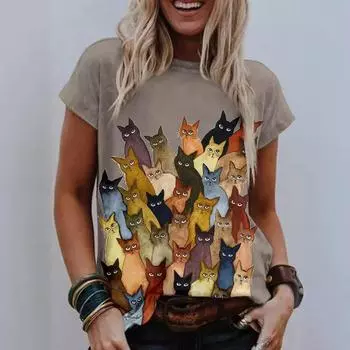 Футболка с короткими рукавами для мужчин и женщин из серии Animal, цифровая 3D-печать, мультяшный кот, разноцветная базовая рубашка с круглым вырезом S