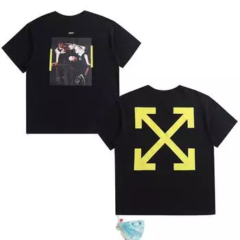 Футболка с короткими рукавами для мужчин и женщин, летняя новинка 2025 года с рисунком маслом спереди и принтом желтой стрелы сзади, парная футболка для мужчин и женщин S чёрный