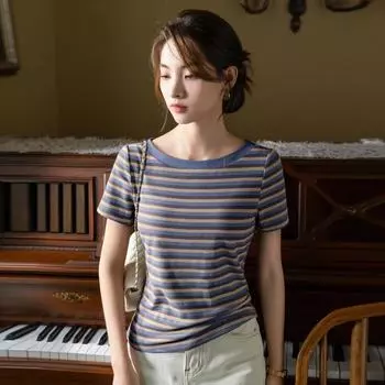 Футболка с короткими рукавами для женщин, летняя, новый стиль, женская футболка в контрастную полоску, темперамент, топ на одно плечо с французской застежкой на талии S