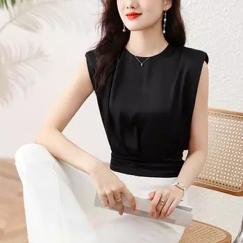 Футболка с короткими рукавами для женщин, лето, новые бретели и талия, короткий топ, без рукавов, атласная рубашка M чёрный
