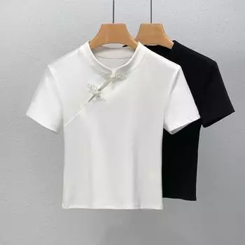 Футболка с короткими рукавами для женщин, новая женская летняя ретро-футболка с воротником-стойкой, однотонная хлопковая футболка, топ в старинном стиле с косой планкой S белый