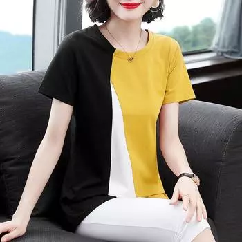 Футболка с короткими рукавами для женщин среднего возраста больших размеров, свободный летний топ средней длины 5XL синий