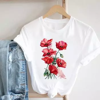 Футболка с короткими рукавами и акварелью, модная футболка с цветочным принтом, одежда весеннего сезона, повседневная женская футболка с принтом, летняя женская женская футболка с рисунком S