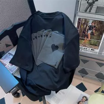 Футболка с короткими рукавами и игральными картами в стиле ретро, женская футболка большого размера с короткими рукавами, летняя свободная однотонная футболка с круглым вырезом M чёрный