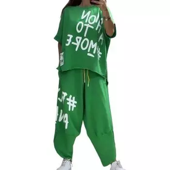 Футболка с короткими рукавами и круглым вырезом, завязки на талии, карманы, шаровары, комплект, повседневный спортивный костюм с буквенным принтом M зелёный