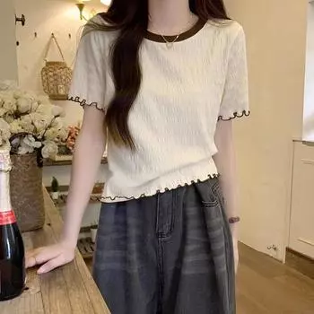 Футболка с короткими рукавами и круглым вырезом абрикосового цвета, женская летняя короткая футболка в западноевропейском стиле S