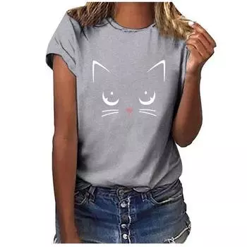 Футболка с короткими рукавами и принтом «Девочка-кошка» 2024 года — повседневная, свободного кроя. 2XL розовый