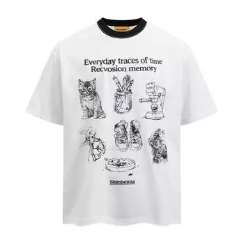 Футболка с короткими рукавами и принтом котенка для мальчиков. Летняя уличная модная цветная футболка с круглым вырезом и рукавами 5/4. Повседневная футболка Instagram из чистого хлопка. M белый