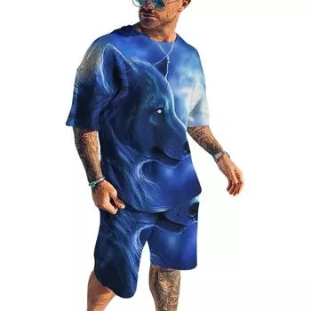 Футболка с короткими рукавами и принтом льва, тигра, волка, 3D, комплект из шорт и летних мужских повседневных спортивных костюмов больших размеров S