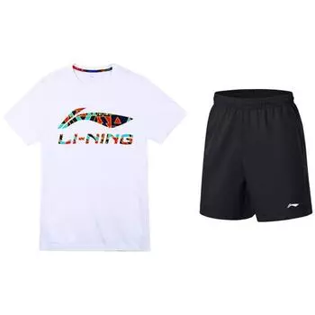 Футболка с короткими рукавами и принтом логотипа Li Ning, эластичный пояс, прямые шорты, повседневный спортивный комплект для мужчин YHST175-2+AKST633-1 XL