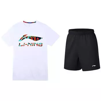 Футболка с короткими рукавами и принтом логотипа Li Ning, эластичный пояс, прямые шорты, повседневный спортивный комплект для мужчин YHST175-2+AKST633-1 XL
