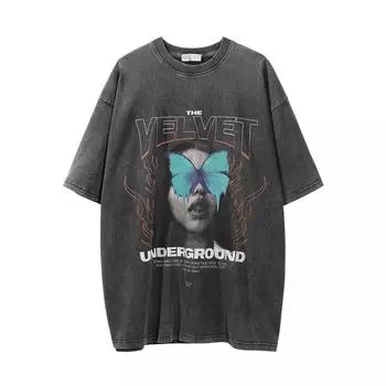 Футболка с короткими рукавами и принтом рисунка, стираная, старая, мужская, американская, модная, брендовая, свободная, с круглым вырезом, рукав до локтя, летняя, с рукавом четверть M