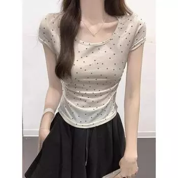 Футболка с короткими рукавами и U-образным вырезом в горошек для женщин на лето, открывающая ключицы, чистое желание, сладкий и пряный дизайн, облегающий топ с короткими рукавами S