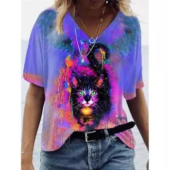 Футболка с короткими рукавами и V-образным вырезом с принтом животных, женская летняя уличная футболка 3D S