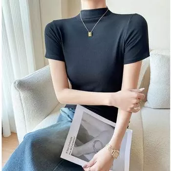 Футболка с короткими рукавами и воротником-стойкой из модала для женщин, весна-осень, большой размер, базовый слой, можно носить на улице S