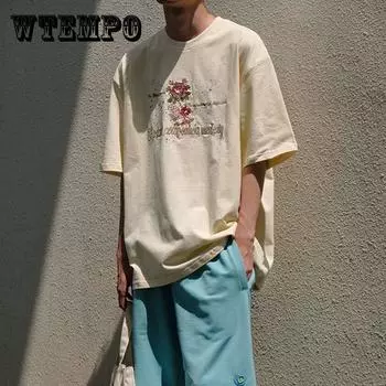 Футболка с короткими рукавами и вышивкой в стиле ретро, мужская летняя футболка Ins Trend, свободный пуловер с круглым вырезом, топ XXL