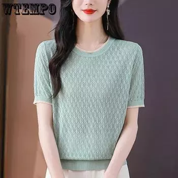 Футболка с короткими рукавами Ice Silk для женщин, летний свободный и дышащий верх, ажурный вязаный свитер S светло-зеленый