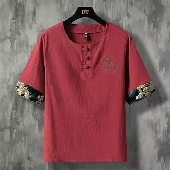 Футболка с короткими рукавами из хлопка и льна, мужская, большого размера, костюм в китайском стиле Тан, мужская футболка с короткими рукавами и пряжкой в китайском стиле XXXXXL белый