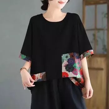 Футболка с короткими рукавами из хлопка и льна, женская одежда для мам среднего возраста, летняя, большого размера, свободная и тонкая, в этническом стиле, верхняя одежда из рами S
