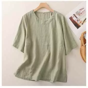 Футболка с короткими рукавами из хлопка и льна, топ, художественный ретро-темперамент, повседневные блузки и рубашки высокого класса, лето M зелёный