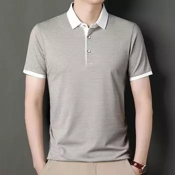 Футболка с короткими рукавами из полосатого шелка Ice Silk, мужская, средне-зеленая, свободная, повседневная, с воротником-поло M