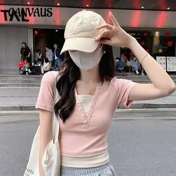 Футболка с короткими рукавами, летние женские узкие топы с v-образным вырезом S розовый